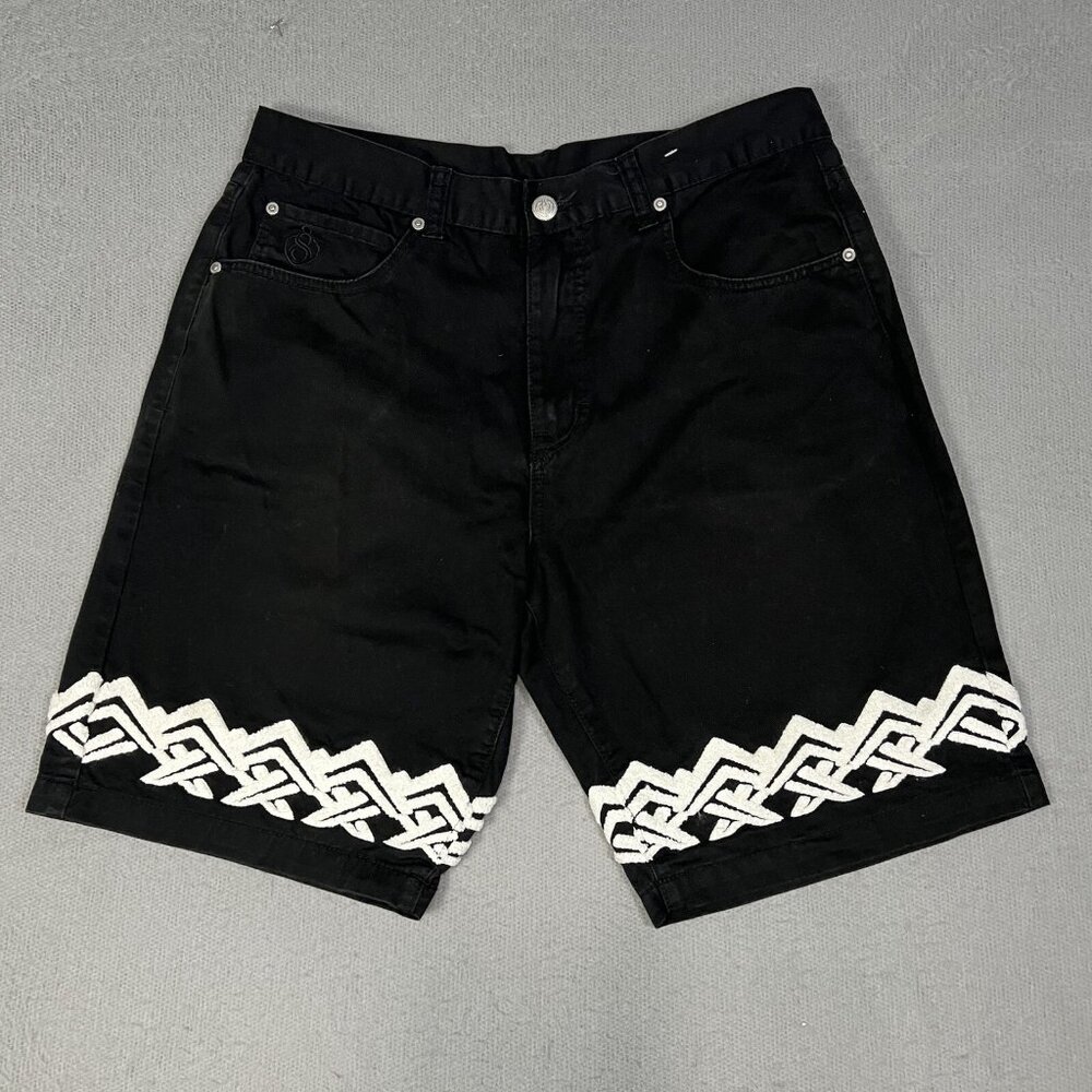 Eight 732 Shorts Men Sz 38 Black Denim Embroidered Leg Hip Hop Baggy Jeans